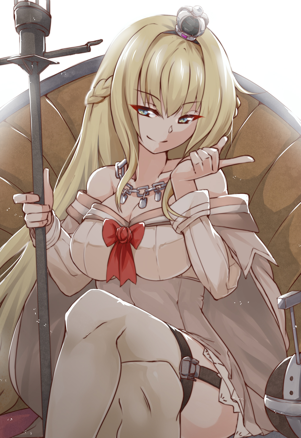 1girl, bare_shoulders, blonde_hair, blue_eyes, braid, breasts, cleavage, crossed_legs