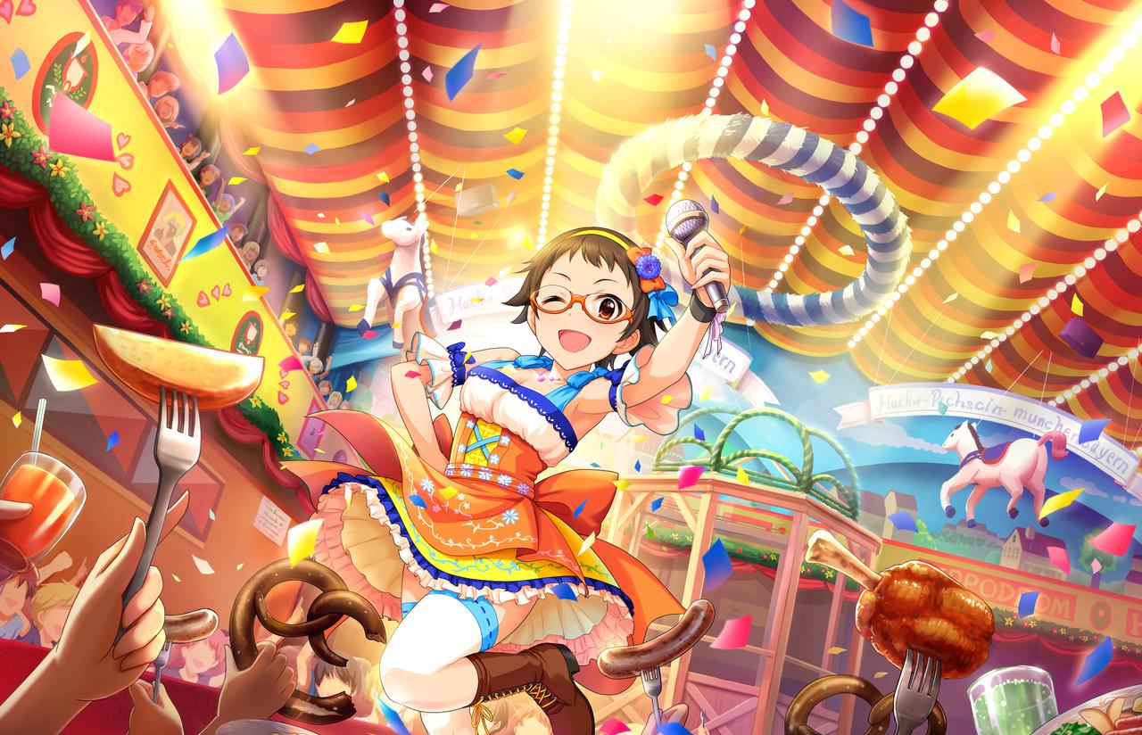 1girl, artist_request, brown_eyes, brown_hair, confetti, food, glasses, idolmaster