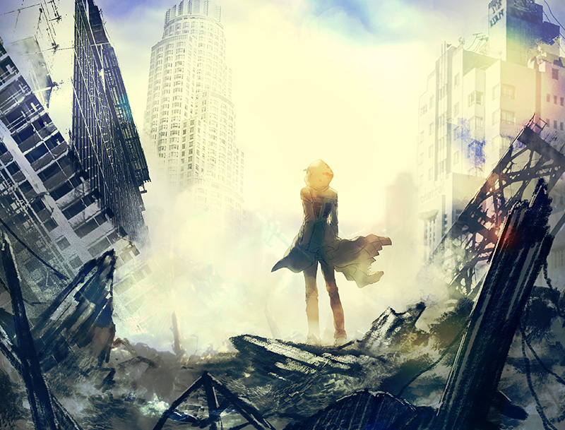 1boy, building, city, dangan_ronpa, from_behind, hand_in_pocket, hikagami_yukiri, hood