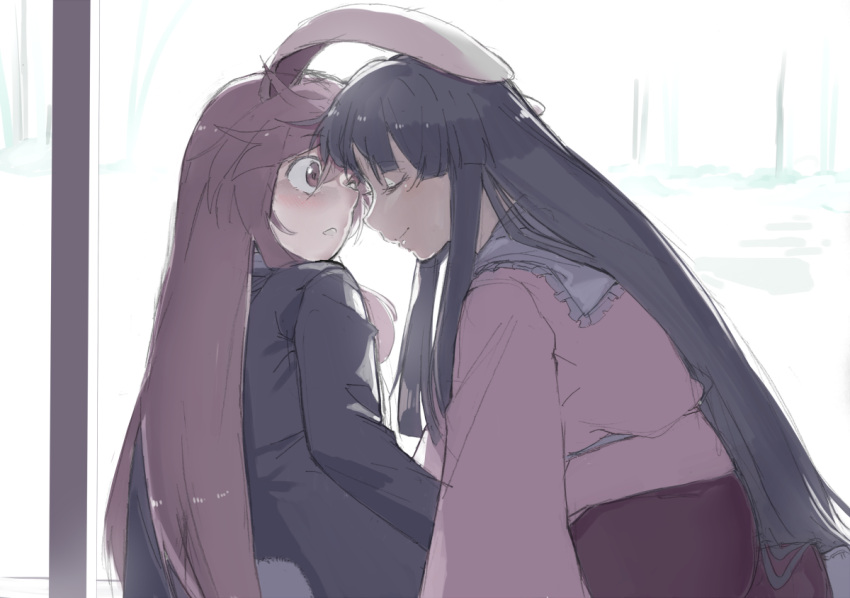 2girls, animal_ears, black_hair, blazer, blush, bunny_tail, closed_eyes, frilled_shirt_collar