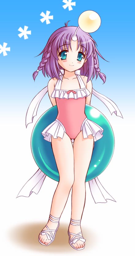 antenna, aqua_eyes, arms_behind_back, blush, braid, cho-chin, feet, frills