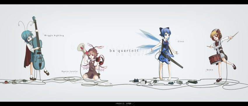 antennae, barefoot, blonde_hair, blue_eyes, blue_hair, cable, cello, cirno