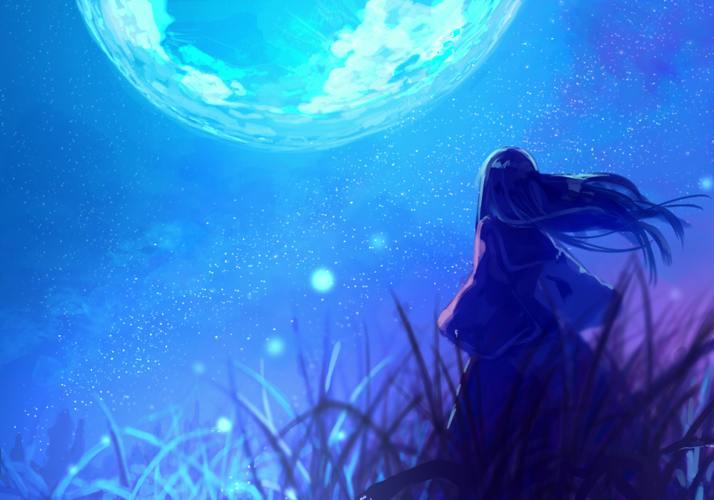 1girl, black_hair, blue, blurry, depth_of_field, fireflies, from_behind, full_moon