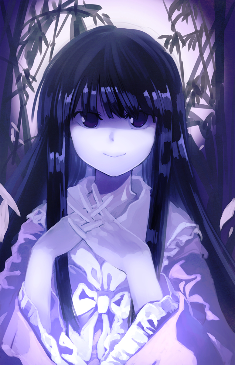 1girl, backlighting, bamboo, bamboo_forest, bangs, black_hair, dark, forest