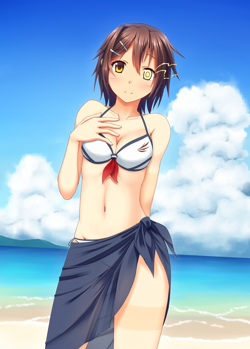 1girl, alternate_costume, arm_behind_back, bare_arms, bare_shoulders, beach, bikini, breasts
