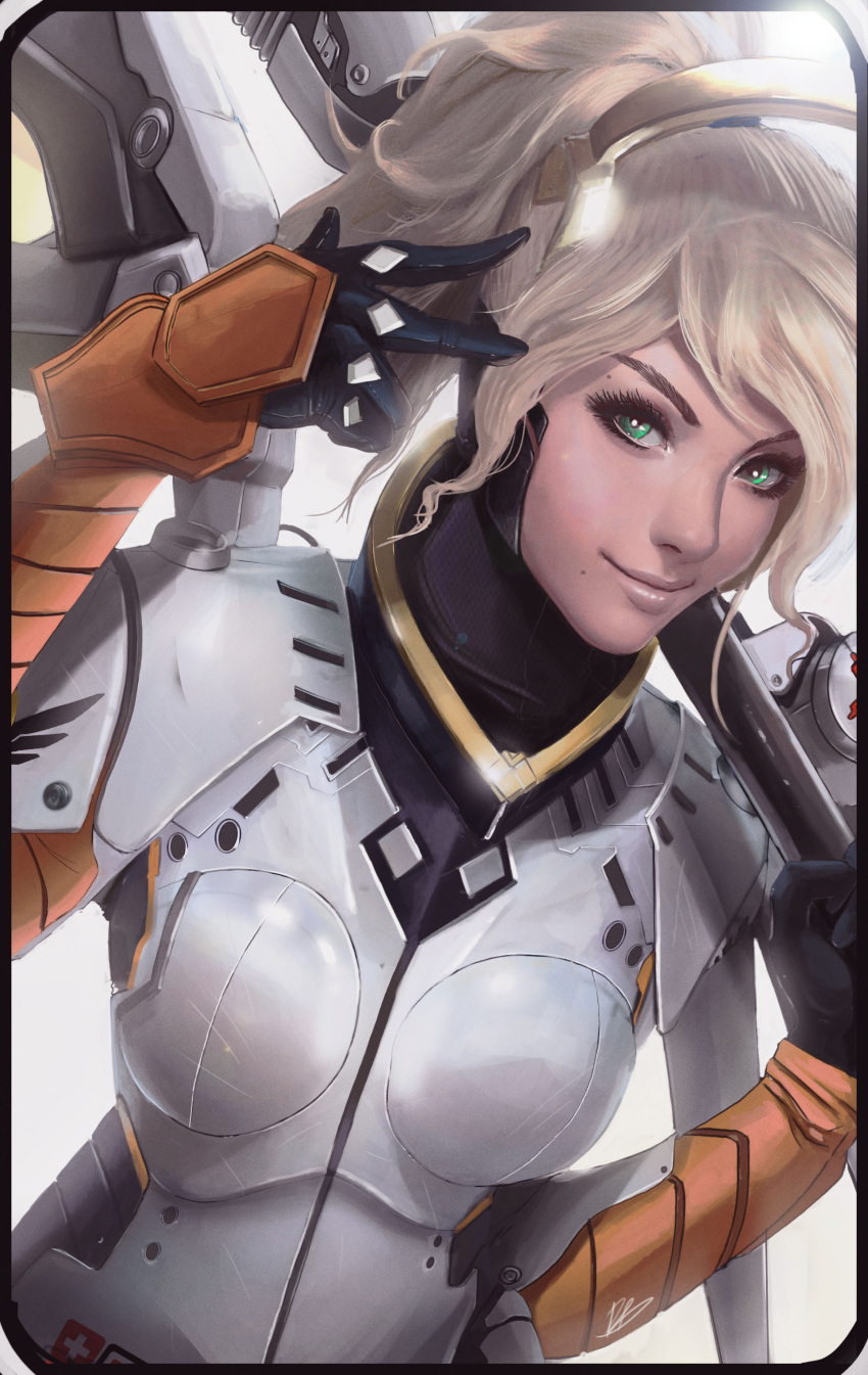 1girl, absurdres, alternate_eye_color, armor, bangs, black_gloves, blonde_hair, bodysuit