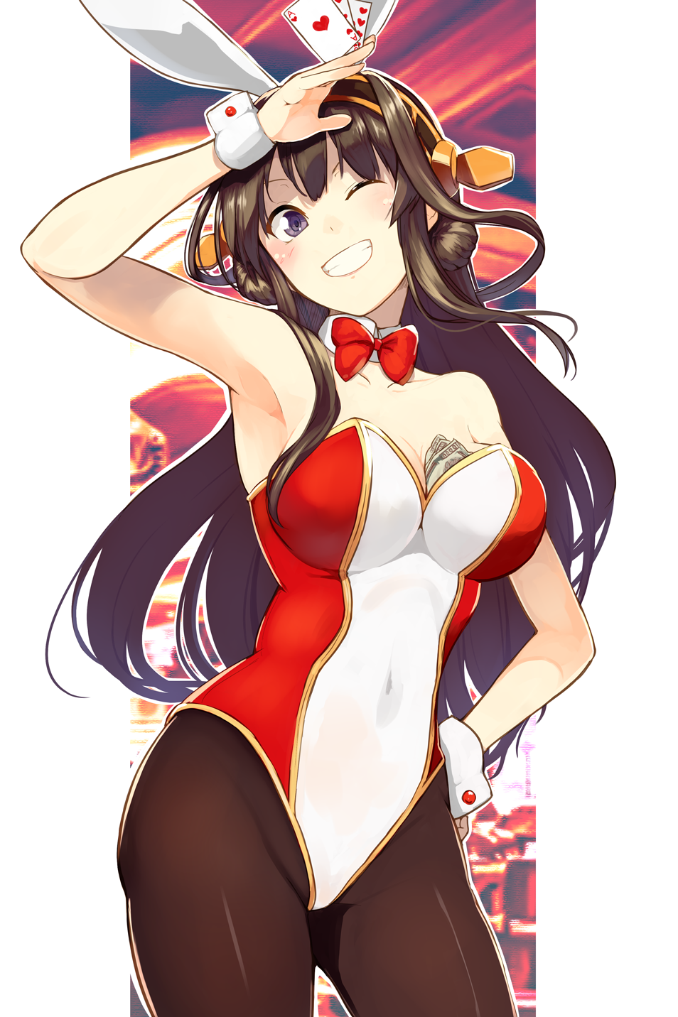 1girl, ahoge, black_legwear, breasts, brown_hair, bunny_day, bunnysuit, cowboy_shot