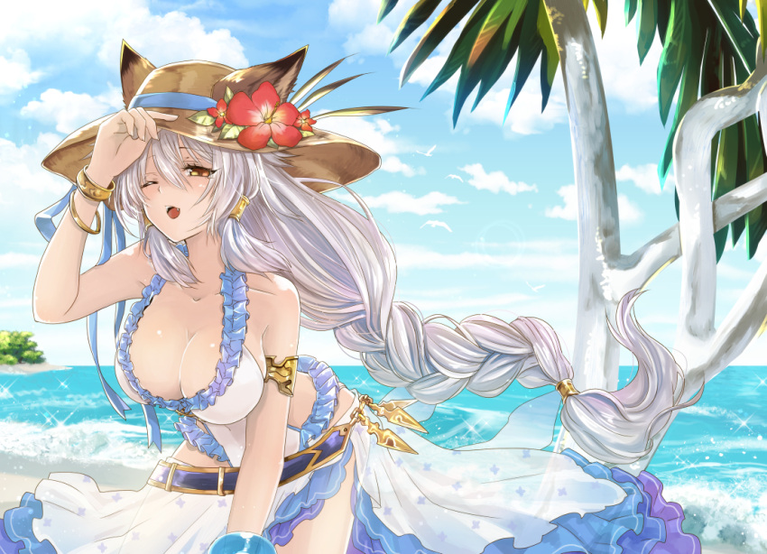 1girl, animal_ears, bangle, beach, belt, bent_over, bikini, blush, bracelet, braid, breasts, cat_ears, cleavage, clouds, collarbone, erun_(granblue_fantasy), flower, frilled_bikini, frills, granblue_fantasy, hair_between_eyes, hair_tubes, hat, hat_flower, heles, hibiscus, jewelry, kirika_(nutsmoon), large_breasts, long_hair, ocean, one_eye_closed, open_mouth, sarong, silver_hair, single_braid, sky, solo, sparkle, swimsuit, tree, very_long_hair, yellow_eyes
