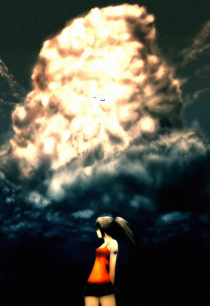 amano_tsubaki, bandage, bandages, bare_shoulders, black_hair, blood, cloud, clouds