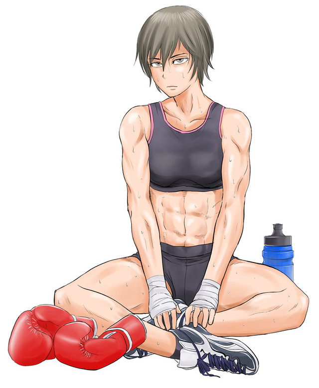 1girl, abs, bike_shorts, boxing_gloves, brown_hair, midriff, mizuguchi_naoki, muscle