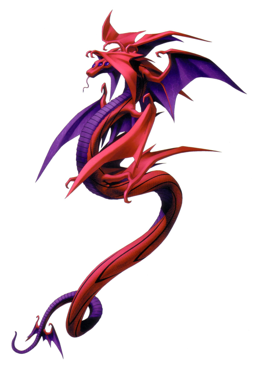 absurdres, dragon, dragon_wings, extra_eyes, forked_tongue, highres, kazuma_kaneko, multiple_wings, official_art, red_skin, samael_(megami_tensei), shin_megami_tensei, snake, solo, tongue, violet_eyes, wings