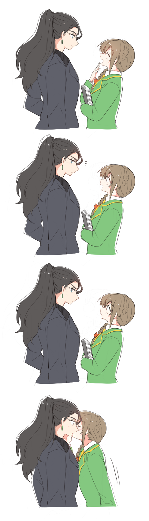 2girls, black_hair, blush, bowwow_(hamju94), braid, brown_hair, executive_mishiro, formal