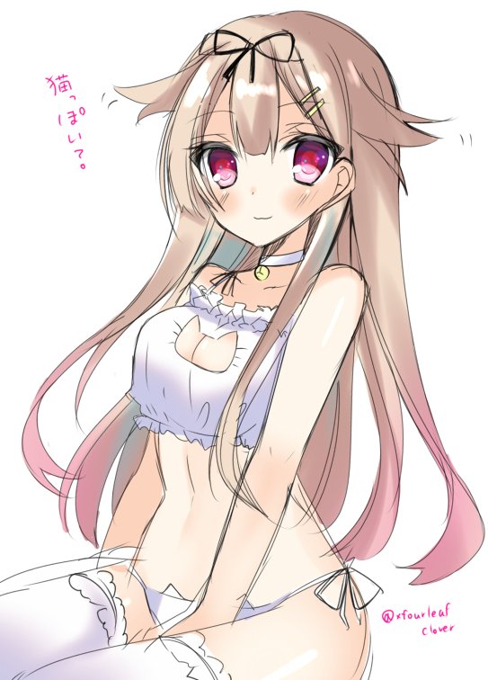 1girl, bangs, bare_arms, bare_shoulders, bell, bell_choker, black_ribbon, blonde_hair
