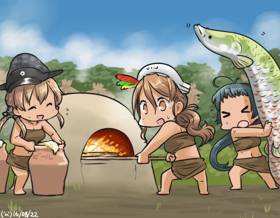 >_<, 3girls, :d, ^_^, alternate_costume, alternate_hair_color, anchor_hair_ornament, antenna_hair