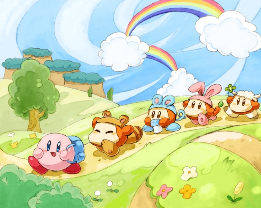 animal_ears, backpack, bag, blue_eyes, blush_stickers, brown_eyes, bunny_tail, bush, carrot, clouds, clover, commentary, dandelion, fake_animal_ears, fake_tail, flower, four-leaf_clover, highres, kinuyo_(kinuxi), kirby, kirby_(series), mouse_ears, mouse_tail, open_mouth, path, rabbit_ears, raccoon_ears, raccoon_tail, rainbow, road, sheep_ears, tail, tree, waddle_dee