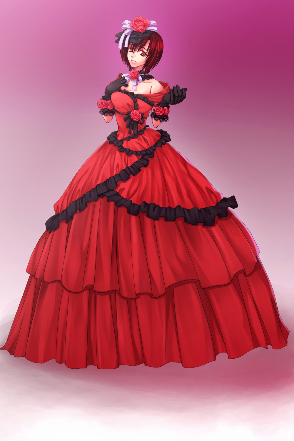 breasts, brown_hair, cleavage, dress, flower, frills, gloves, gown