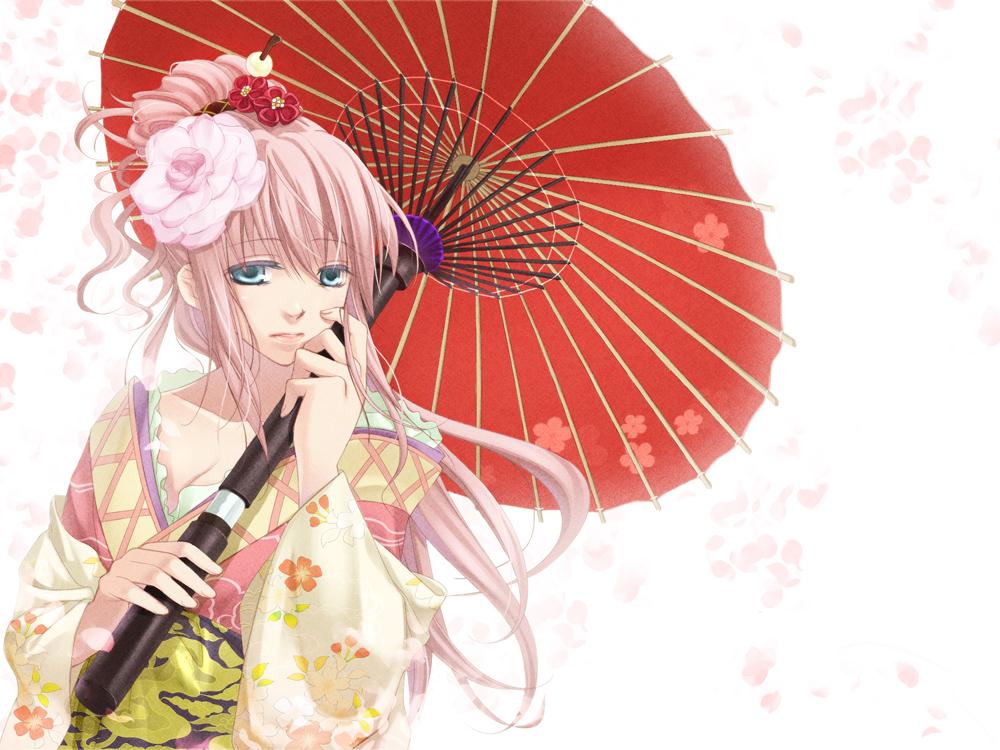blue_eyes, breasts, cleavage, error, flower, hair_flower, hair_ornament, hairband, japanese_clothes, kimono, megurine_luka, natsu_(pixiv312174), oriental_umbrella, parasol, petals, pink_hair, sword, umbrella, vocaloid, weapon