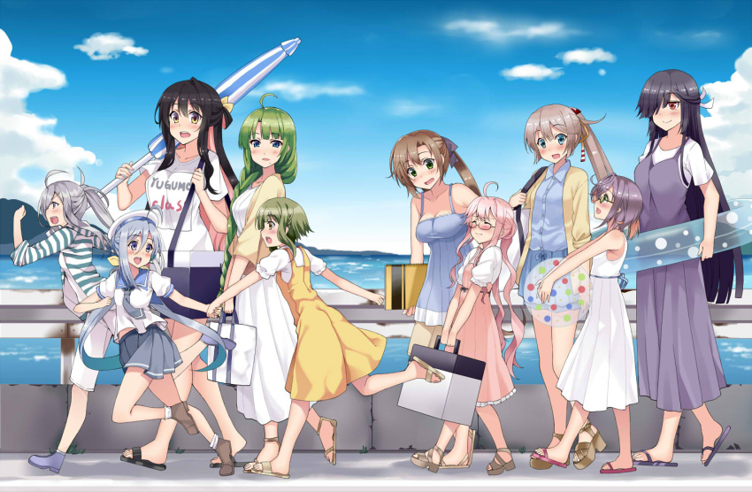 6+girls, :d, ahoge, akigumo_(kantai_collection), alternate_breast_size, alternate_costume, ankle_boots, asashimo_(kantai_collection), bag, ball, bangs, bare_arms, bare_shoulders, beach_umbrella, beachball, beret, black_hair, blue_dress, blue_eyes, blue_hair, blue_ribbon, blue_skirt, blue_sky, blunt_bangs, blush, book, boots, bow, box, braid, breasts, carrying, carrying_over_shoulder, casual, cleavage, closed_eyes, closed_umbrella, clothes_writing, clouds, coast, collarbone, collared_shirt, day, dress, eye_contact, eyebrows, eyebrows_visible_through_hair, female, flip-flops, frilled_dress, frills, from_side, full-face_blush, full_body, glasses, green-framed_eyewear, green_eyes, green_hair, hair_bow, hair_over_one_eye, hair_over_shoulder, hair_ribbon, handbag, hat, hayashimo_(kantai_collection), height_difference, high_heels, holding, holding_ball, holding_book, holding_hands, horizon, horizontal_stripes, innertube, jacket, kantai_collection, kazagumo_(kantai_collection), kiyoshimo_(kantai_collection), kusano_(torisukerabasu), layered_skirt, long_dress, long_hair, long_ponytail, long_sleeves, looking_afar, looking_at_another, looking_at_viewer, looking_back, looking_down, looking_to_the_side, looking_up, low_twintails, makigumo_(kantai_collection), md5_mismatch, medium_breasts, multicolored_hair, multiple_girls, naganami_(kantai_collection), neckerchief, no_socks, ocean, okinami_(kantai_collection), open_clothes, open_jacket, open_mouth, outdoors, outstretched_arm, over_shoulder, pants, path, pink_dress, pink_hair, pleated_dress, pleated_skirt, polka_dot, ponytail, puffy_short_sleeves, puffy_sleeves, purple_boots, purple_bow, purple_dress, railing, red_eyes, ribbon, rimless_glasses, road, round_teeth, running, rust, sailor_collar, sandals, school_uniform, serafuku, shirt, shore, short_hair, short_hair_with_long_locks, short_sleeves, shorts, sidelocks, silver_hair, single_braid, sketchbook, skirt, sky, sleeveless, sleeveless_dress, sleeves_past_elbows, sleeves_rolled_up, smile, socks, striped, striped_jacket, summer, sundress, surprised, takanami_(kantai_collection), tareme, teeth, transparent, twintails, two-tone_hair, umbrella, v_arms, very_long_hair, walking, water, wavy_hair, white_dress, white_legwear, white_pants, white_ribbon, white_shirt, white_shorts, wince, wing_collar, yellow_dress, yellow_eyes, yellow_jacket, yellow_ribbon, yuugumo_(kantai_collection)
