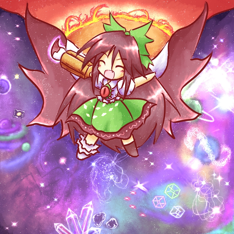 ?_(pixiv34168), black_hair, bow, cape, chibi, closed_eyes, eyes, fang, hair_bow, long_hair, paintbrush, reiuji_utsuho, star_child, sun, tilde_(ice_cube), touhou, wings