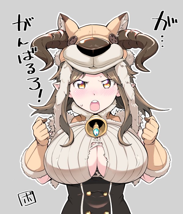 1girl, animal_hat, bowieknife, breasts, brown_hair, center_opening, cleavage, commentary_request