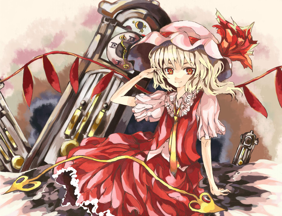 blonde_hair, clock, flandre_scarlet, grandfather_clock, hat, hey, red_eyes, short_hair