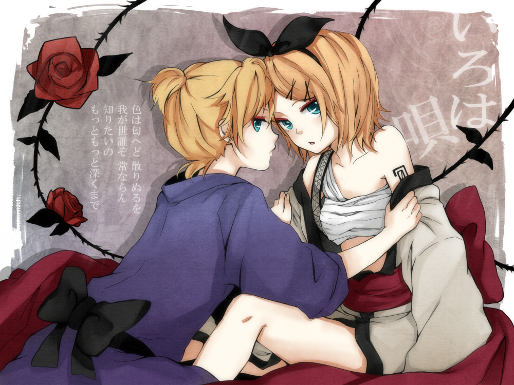 blue_eyes, flower, hair_ornament, hair_ribbon, hairclip, iroha_uta_(vocaloid), japanese_clothes, kagamine_len