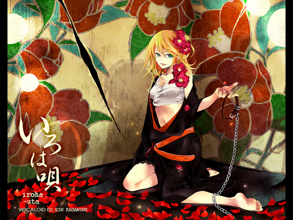 1024x768, bad_feet, barefoot, belt, blonde_hair, camellia_(flower), chain, chains