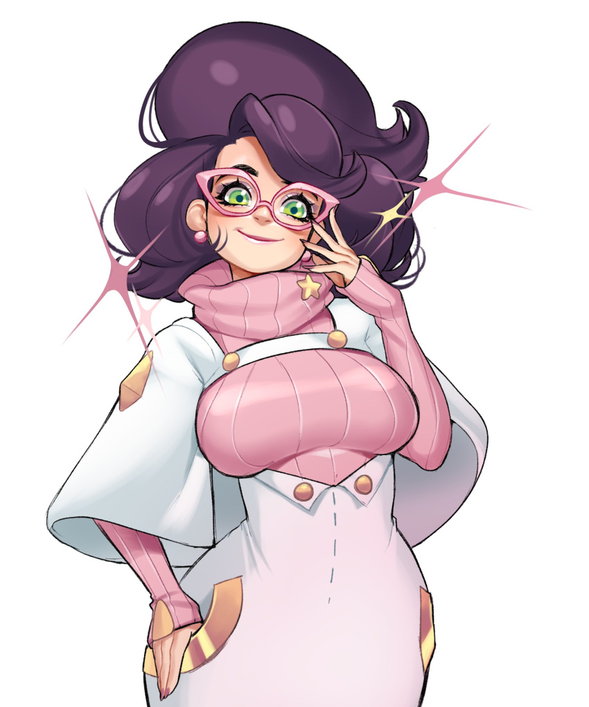 1girl, breasts, glasses, green_eyes, highres, looking_at_viewer, oskar_vega, pokemon