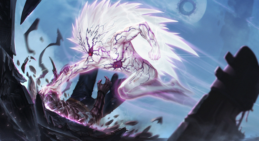 2boys, alien, battle, black_sclera, blood, cabalfan, clenched_hand, debris