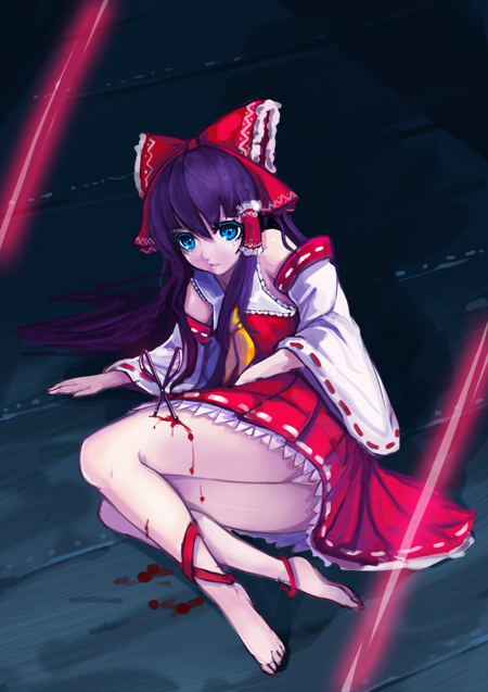 1girl, barefoot, black_hair, blood, blue_eyes, bow, detached_sleeves, hair_bow