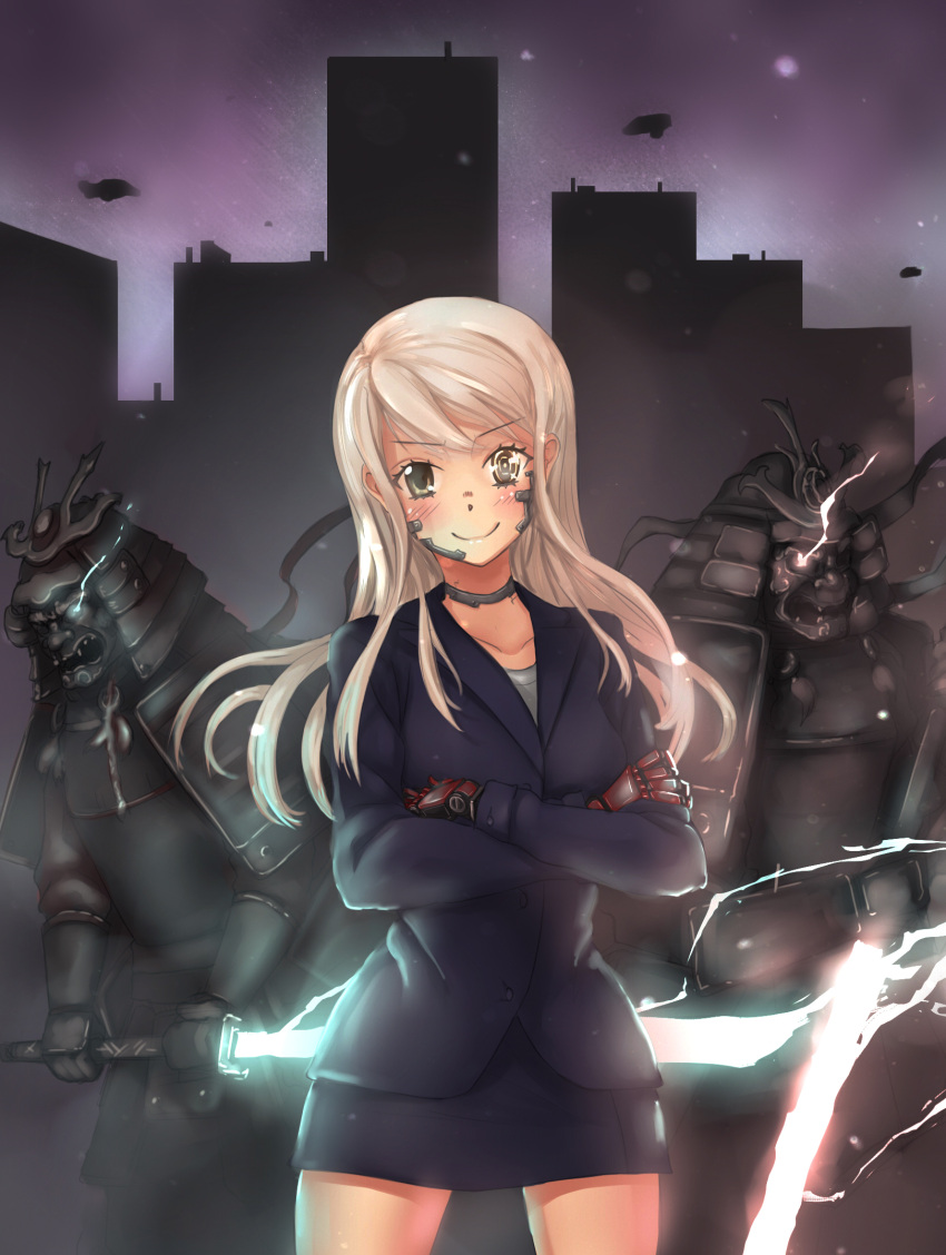 1girl, armor, blonde_hair, blush, brown_eyes, coat, cyberpunk, formal