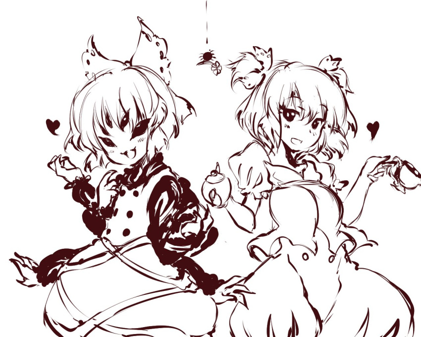 2girls, bow, bubble_skirt, cosplay, crossover, extra_eyes, hair_bow, heart, insect_girl, kurodani_yamame, kurodani_yamame_(cosplay), monochrome, monyomoke, muffet, muffet_(cosplay), multiple_girls, skirt, spider_girl, symmetrical_pose, teapot, touhou, undertale, white_background