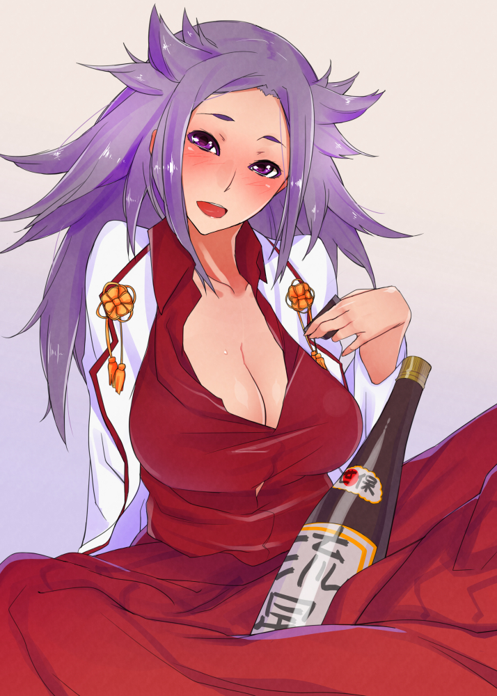 1girl, blouse, bottle, breasts, cleavage, dek, hakama, head_tilt