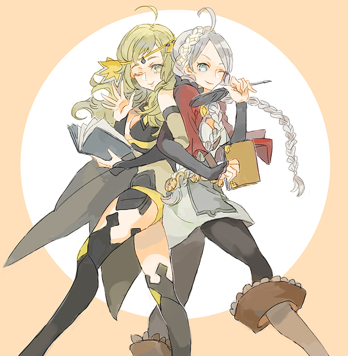 2girls, ;), ahoge, back-to-back, black_legwear, blonde_hair, book, boots, braid, breasts, cape, center_opening, circlet, cleavage, dress, eponine_(fire_emblem_if), fire_emblem, fire_emblem_if, grey_hair, hairband, kannawataame, locked_arms, long_hair, multiple_girls, one_eye_closed, ophelia_(fire_emblem_if), short_dress, simple_background, smile, thigh-highs, twin_braids