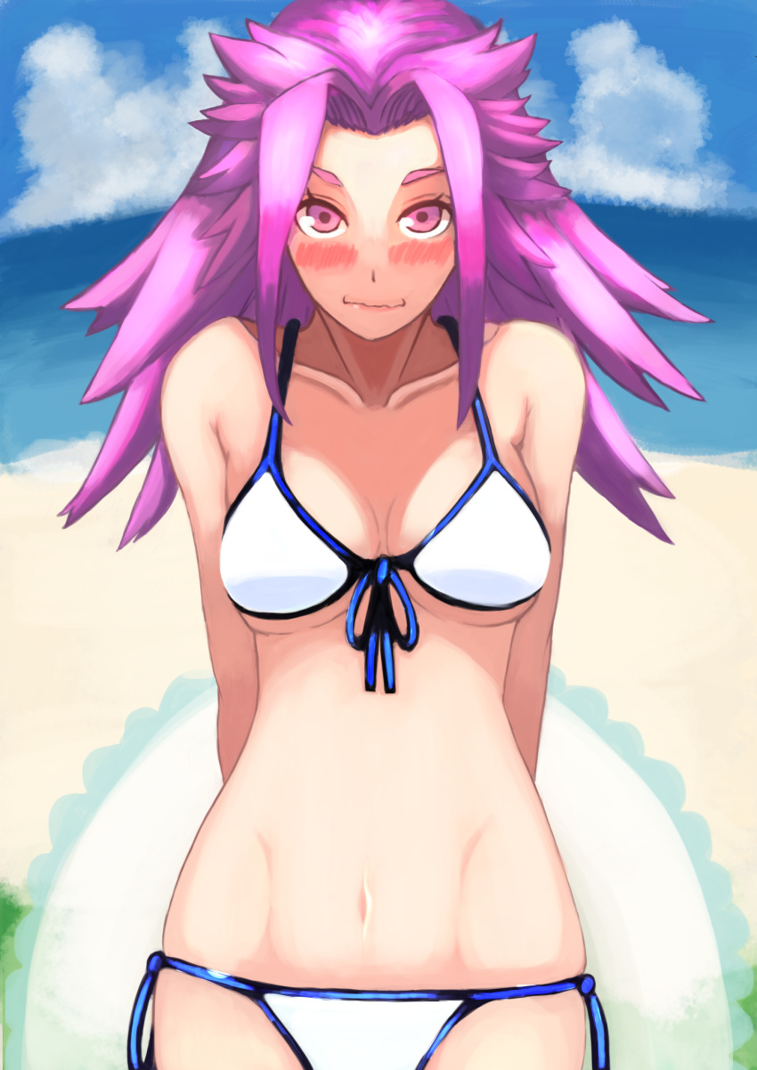 1girl, beach, bikini, blush, breasts, cleavage, front-tie_bikini, front-tie_top