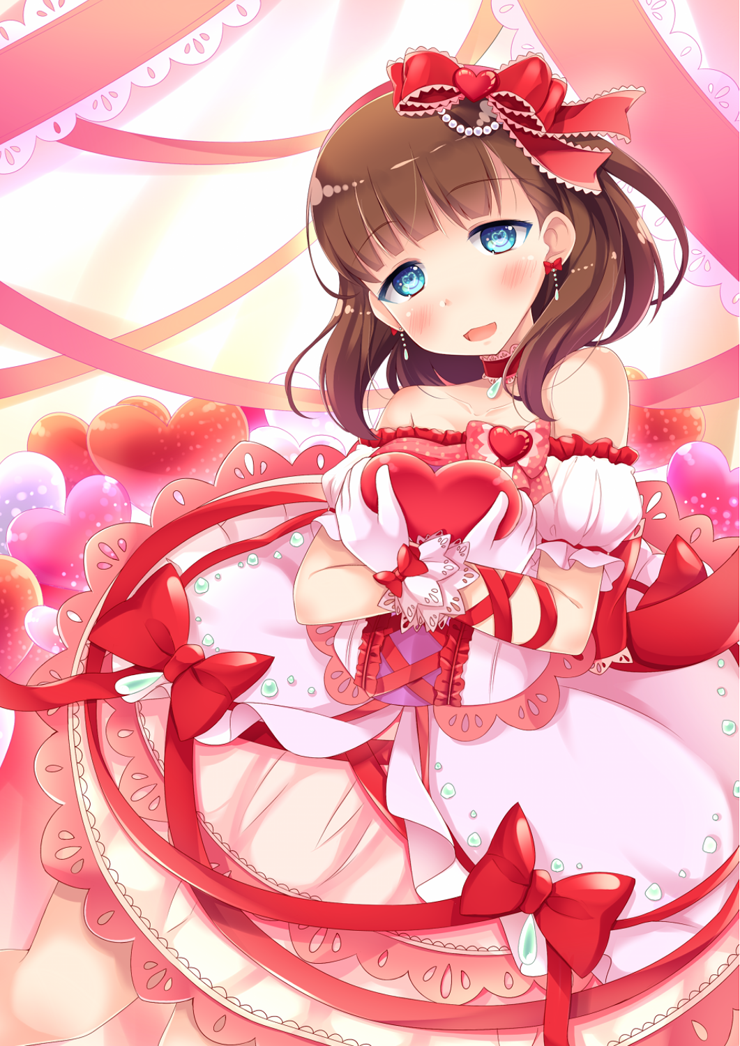 1girl, bare_shoulders, blue_eyes, blush, breasts, brown_hair, dress, futatsukiaiji