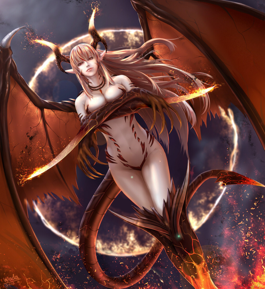 1girl, blonde_hair, breast_hold, breasts, claws, cleavage, closed_mouth, commentary_request, dragon_girl, dragon_horns, dragon_tail, dragon_wings, dutch_angle, elbow_blade, fire, highres, horns, jewelry, large_breasts, long_hair, looking_at_viewer, monster_girl, navel, original, pendant, pointy_ears, red_eyes, solo, stomach, tail, very_long_hair, wada_masanori, wings