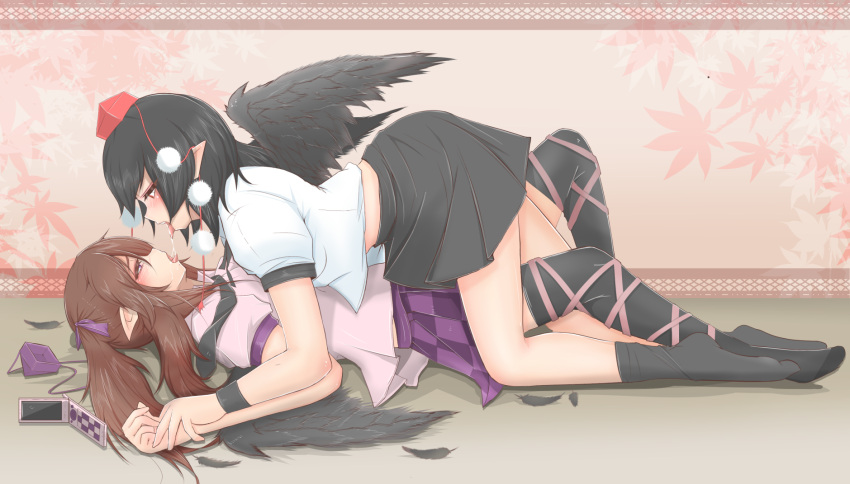 2girls, after_kiss, all_fours, black_feathers, black_hair, black_legwear, black_necktie, black_skirt