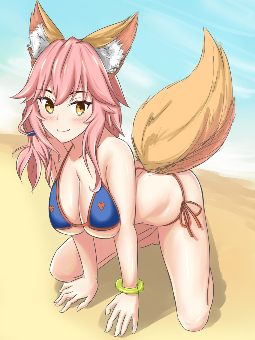 1girl, all_fours, animal_ears, bikini, blush, breasts, cleavage, collarbone