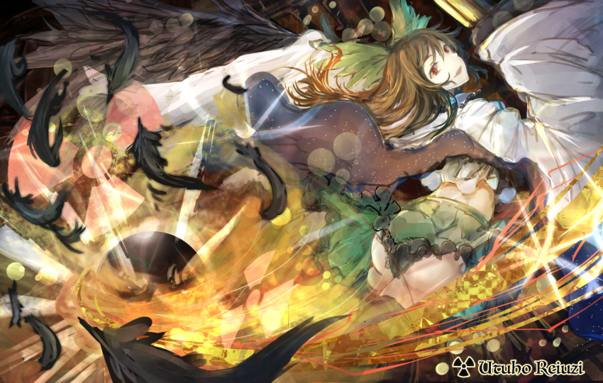 1girl, ass, black_panties, black_wings, brown_hair, cape, character_name, colored