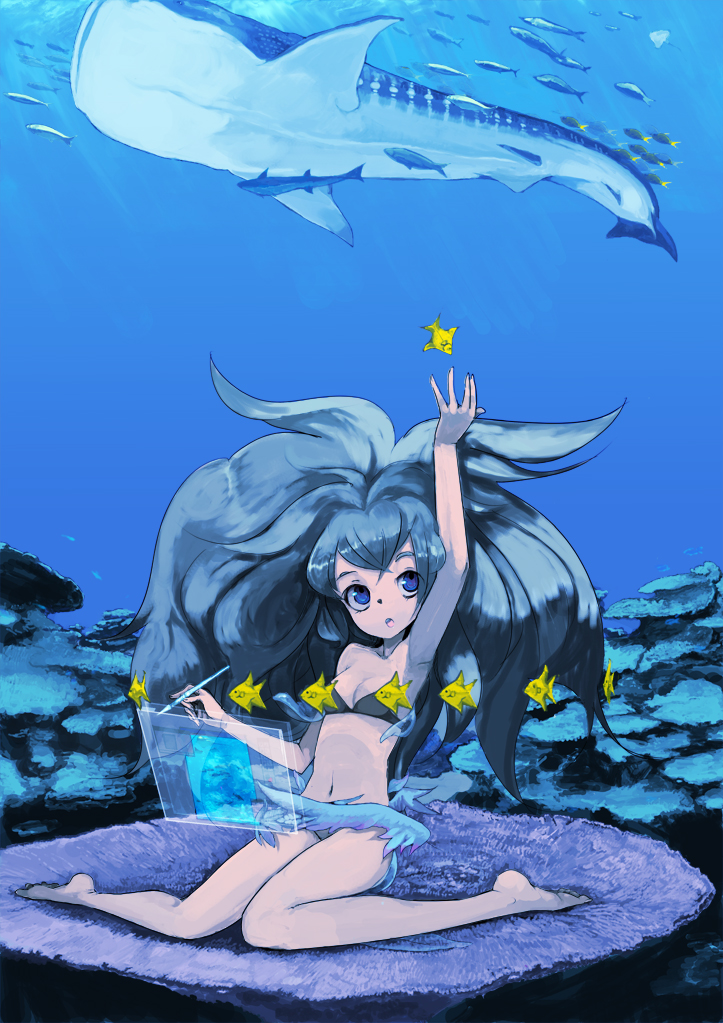 bikini, blue_eyes, blue_hair, enchi, fish, floating_screen, ocean, screen, smile, swimsuit, underwater, water, whale_shark, whaleshark