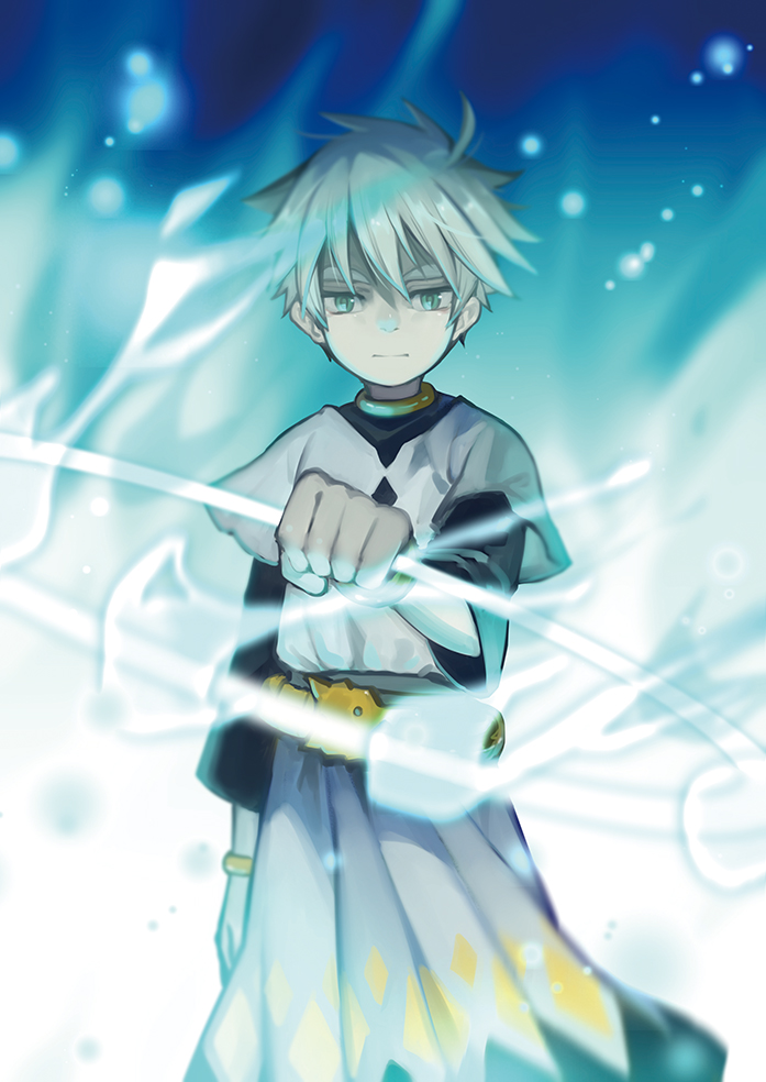 1boy, bracelet, eyebrows, fortuna_(spirit_circle), green_eyes, jewelry, looking_at_viewer, male_focus, short_hair, silver_hair, solo, spirit_circle, thick_eyebrows, yuyu_(yuyudesu0806)