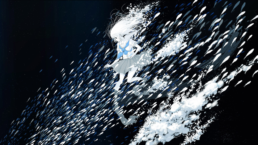 1girl, abstract, bowl, bubble, chopsticks, emukami, fish, floating_hair