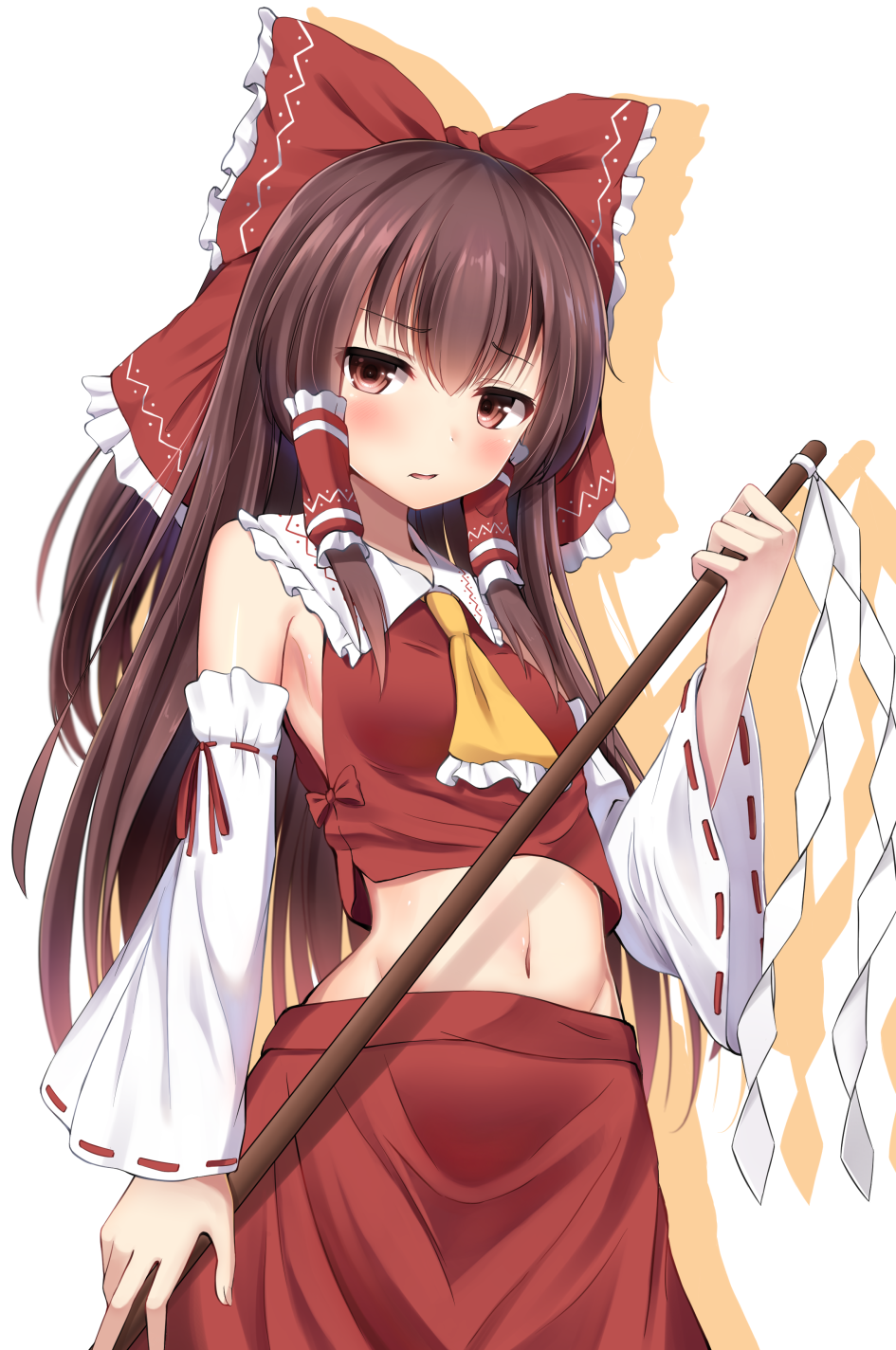 1girl, ascot, blush, brown_eyes, brown_hair, crop_top, detached_sleeves, gohei, hair_ribbon, hair_tubes, hakurei_reimu, highres, japanese_clothes, long_hair, long_sleeves, midriff, miko, navel, open_mouth, ribbon, skirt, skirt_set, solo, superpig_(wlstjqdla), touhou, white_background, wide_sleeves