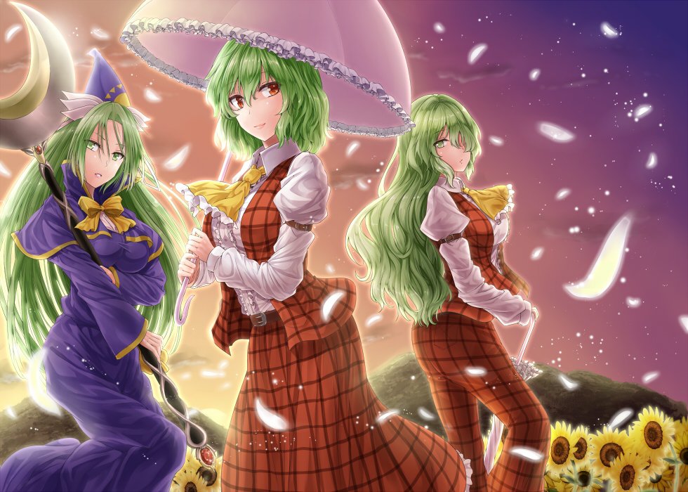 3girls, arm_garter, ascot, belt, blue_dress, bow, bowtie, breasts