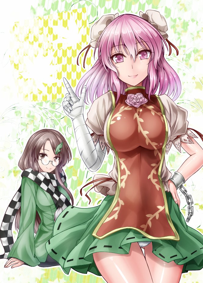 2girls, bandages, breasts, brown_eyes, brown_hair, bun_cover, chain, cuffs