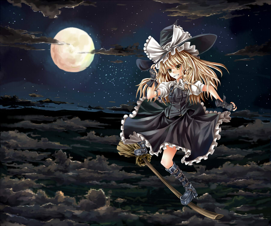 blonde_hair, boots, braid, broom, broom_surfing, broomsurfing, cloud, clouds