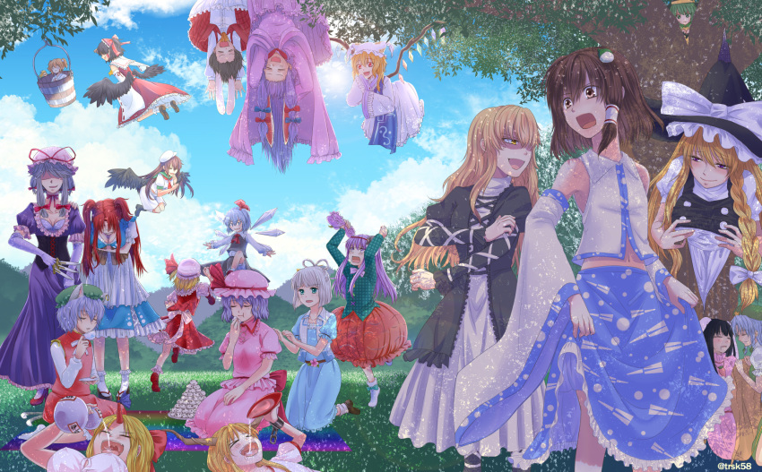>_<, 6+girls, alternate_costume, alternate_hairstyle, angry, animal_ears, bangs, bare_shoulders
