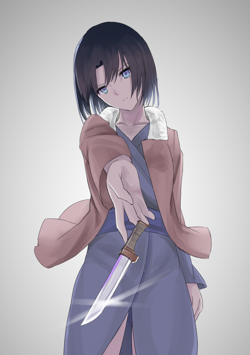 1girl, absurdres, black_hair, blue_eyes, fate/grand_order, fate_(series), fur-lined_jacket, grey_background, head-tilt, highres, jacket, japanese_clothes, kara_no_kyoukai, kimono, knife, outstretched_arm, ryougi_shiki, solo