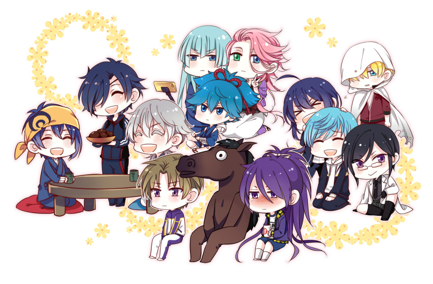 >_<, 6+boys, :>, ^_^, ahoge, aqua_hair, bandana, black_hair